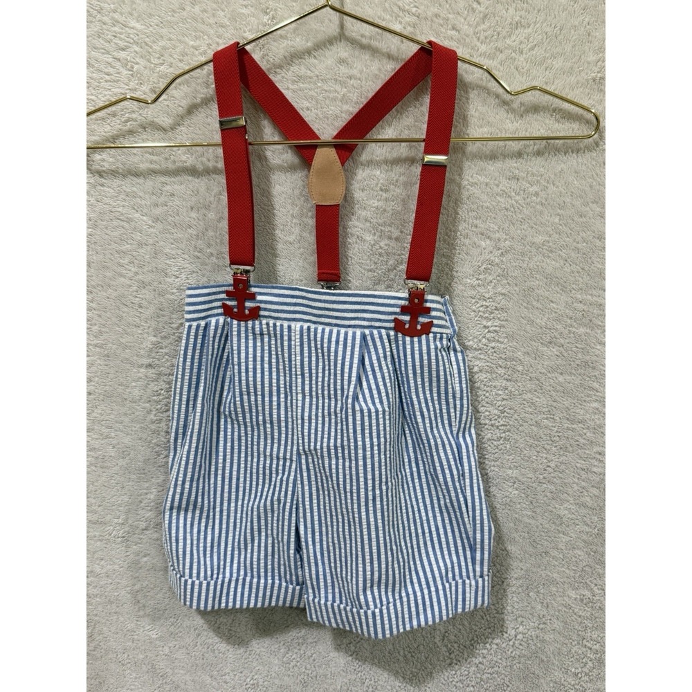 Vtg Seersucker Shorts With Anchor Suspenders Overall/Shortall 24M Boys USA